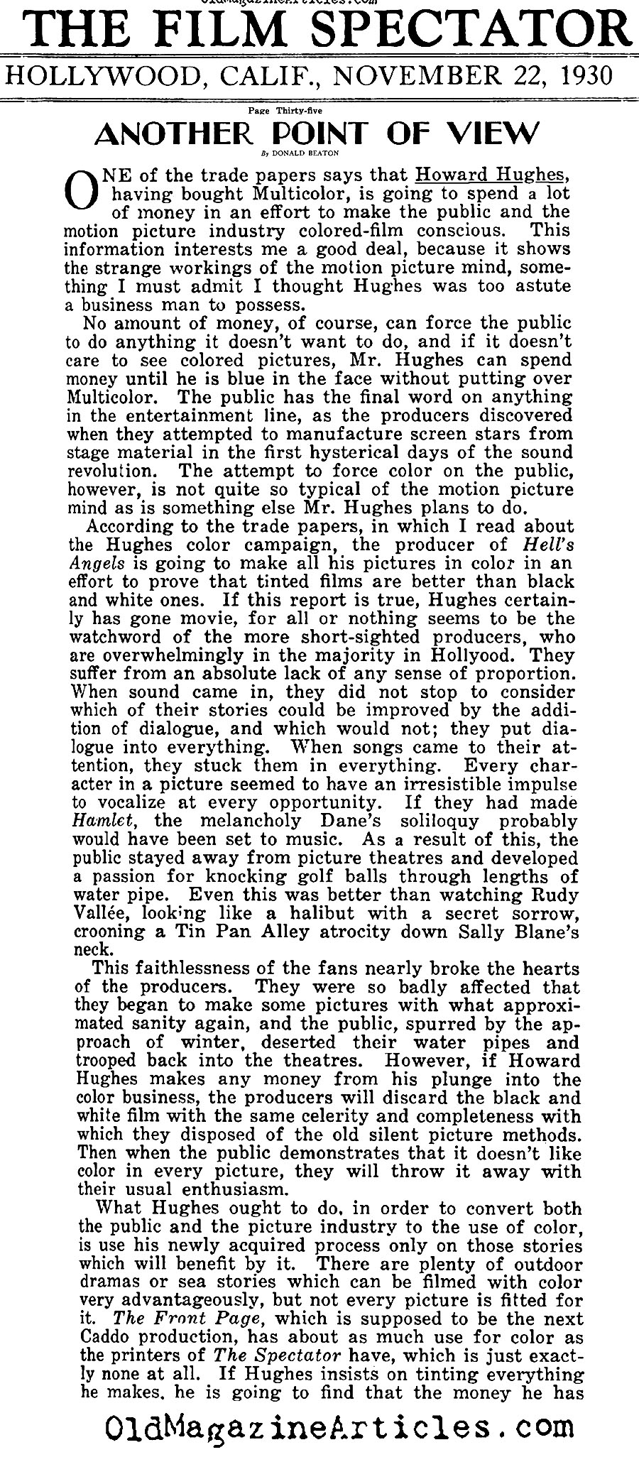 Howard Hughes Buys Multicolor (Film Spectator, 1930)